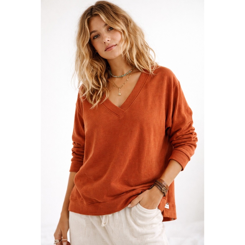 Orvis V-Neck Sweatshirt XXL Rust Orange Modal Blend Fleece Pullover Cozy Soft